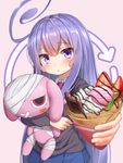  acchi_kocchi ahoge blue_skirt blush crepe eyebrows_visible_through_hair food highres holding holding_stuffed_animal incoming_food long_hair looking_at_viewer miniwa_tsumiki parted_lips purple_eyes purple_hair skirt solo stuffed_animal stuffed_toy superpig upper_body 