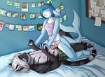  aludrakijurorin bed blue_hair boxers_(clothing) cetacean clothing cum dolphin duo feline female green_eyes grinding hair hand_holding male male/female mammal marine misty on_bed orion penis pussy sex size_difference smile teeth tiger underwear white_hair 