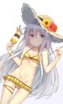  alternate_costume bikini blue_eyes choker collarbone flower food frilled_bikini frills gradient gradient_background hair_between_eyes hat hibiki_(kantai_collection) highres holding holding_spoon kantai_collection kure_(kure_ng) long_hair navel red_flower silver_hair solo spoon swimsuit yellow_bikini yellow_flower 