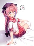 astolfo_(fate) blurry blush bow braid depth_of_field fang fate/apocrypha fate_(series) hair_bow hair_ribbon hand_on_own_knee heart highres legs_together long_hair looking_at_viewer looking_back male_focus multicolored_hair neckerchief on_bed open_mouth orihi_chihiro otoko_no_ko pink_hair pleated_skirt purple_eyes red_sailor_collar red_skirt ribbon sailor_collar school_uniform serafuku short_sleeves single_braid sitting skirt spoken_heart thighhighs two-tone_hair white_legwear 