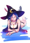  ass atatatamu bikini black_bikini blue_hair bracelet breasts cleavage crescent earrings feet_up full_body glasses gradient_hair hat hat_feather heart heart-shaped_pupils high_heels highres jewelry large_breasts lips little_witch_academia long_hair looking_at_viewer lying multicolored_hair nail_polish necklace on_stomach pink_hair pink_nails purple_eyes solo star star_earrings swimsuit symbol-shaped_pupils ursula_charistes witch_hat 