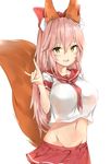  animal_ear_fluff animal_ears astolfo_(fate) astolfo_(fate)_(cosplay) bad_id bad_pixiv_id bangs between_breasts breasts commentary_request cosplay fate/apocrypha fate/extra fate/grand_order fate_(series) fox_ears fox_shadow_puppet fox_tail groin hair_between_eyes hair_ribbon highres large_breasts long_hair looking_at_viewer midriff navel neckerchief open_mouth pink_hair red_neckwear red_ribbon red_sailor_collar red_skirt ribbon sailor_collar school_uniform serafuku shirt silver_(chenwen) simple_background skirt sleeve_cuffs solo standing tail tamamo_(fate)_(all) tamamo_no_mae_(fate) white_background white_shirt yellow_eyes 