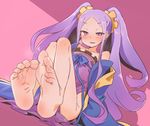  bare_legs bare_shoulders barefoot bow chinese_clothes collarbone fate/grand_order fate_(series) feet hanfu long_hair long_sleeves off_shoulder pink_eyes pov_feet purple_eyes purple_hair raigou sash scrunchie shawl sitting smile soles solo toe_scrunch toes twintails very_long_hair wide_sleeves wu_zetian_(fate/grand_order) 