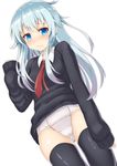  black_legwear blue_eyes blue_hair blush eyebrows_visible_through_hair hibiki_(kantai_collection) highres kantai_collection long_hair looking_at_viewer necktie old_school_swimsuit red_neckwear reinama school_swimsuit sleeves_past_wrists solo swimsuit swimsuit_under_clothes thighhighs white_school_swimsuit white_swimsuit 