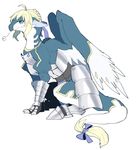  3_toes alternate_species anthro armor avian blonde_hair clothing fate_(series) feathered_wings feathers fur green_eyes gryphon hair hooves saber_(fate) short_hair tail_tuft takatsuki_nato toes tuft wings 