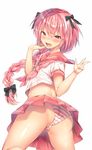  :d ass astolfo_(fate) bangs bare_legs black_ribbon blush braid commentary_request eyebrows_visible_through_hair fang fate/apocrypha fate/grand_order fate_(series) from_behind from_below hair_ribbon highres long_hair looking_at_viewer looking_back male_focus midriff neckerchief ntk_(7t5) open_mouth otoko_no_ko panties pink_eyes pink_hair pink_neckwear pink_skirt pleated_skirt red_sailor_collar red_skirt ribbon sailor_collar school_uniform serafuku shiny shiny_skin shirt short_sleeves simple_background single_braid skirt smile solo striped striped_panties underwear upskirt v white_background white_hair white_shirt 