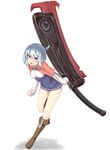  blue_eyes blue_hair blush boots breasts brown_footwear character_request commentary_request copyright_request eyebrows_visible_through_hair full_body highres holding holding_weapon knee_boots large_breasts long_sleeves looking_at_viewer open_mouth reinama sheath sheathed solo weapon 