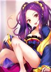  bare_legs barefoot bow breasts chinese_clothes cleavage fate/grand_order fate_(series) hair_ornament hair_scrunchie hanfu long_hair long_sleeves looking_at_viewer medium_breasts purple_hair red_eyes sash scrunchie shawl sitting smile solo teeth twintails umagenzin upper_teeth very_long_hair wide_sleeves wu_zetian_(fate/grand_order) 