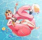  :o afloat ahoge anklet arm_up ball bangs beachball bikini bird blue_nails blush bracelet braid breasts commentary_request cup dodapan drinking_glass drinking_straw eyewear_on_head flamingo flower hair_flower hair_ornament hibiscus highres inflatable_toy jewelry lifebuoy_hair_ornament looking_at_viewer love_live! love_live!_sunshine!! medium_breasts midriff nail_polish navel orange_hair orange_print petals petals_on_liquid print_bikini reclining red_eyes side_braid solo sparkle sunglasses swimsuit takami_chika toenail_polish v water wet 