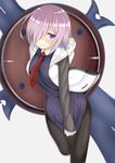  black_legwear blush breast_pocket breasts closed_mouth eyebrows_visible_through_hair fate/grand_order fate_(series) hair_over_one_eye highres large_breasts looking_at_viewer mash_kyrielight necktie pantyhose pink_hair pocket purple_eyes red_neckwear reinama short_hair solo 