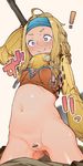  1girl arm_at_side arm_up ass_visible_through_thighs bar_censor blonde_hair blush braid breasts censored collagen covered_nipples cowboy_shot crafting_shop_daughter_(monster_hunter) crop_top embarrassed freckles hairband headband long_hair long_sleeves monster_hunter monster_hunter_4 navel nelly no_panties nose_blush outie_navel pants_down pointless_censoring purple_eyes pussy sleeves_past_wrists small_breasts smile solo stomach sweatdrop tearing_up transparent_censoring wide-eyed wide_sleeves 