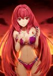  ass_visible_through_thighs bracelet breasts cleavage fate/grand_order fate_(series) hair_between_eyes jewelry large_breasts light_smile long_hair looking_at_viewer midriff navel purple_hair red_eyes saitou_(taka_saitwu) scathach_(fate)_(all) scathach_(swimsuit_assassin)_(fate) solo sunset thigh_gap undressing very_long_hair 