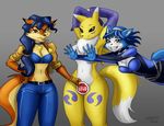  anthro badge black_sclera blue_eyes blue_fur blue_hair breasts brown_eyes canine carmelita_fox convenient_censorship covering crossover digimon ear_piercing female fox fur group hair heresy_(artist) krystal mammal midriff navel nintendo nude piercing raised_arm renamon sly_cooper_(series) star_fox video_games white_fur wide_hips yellow_fur 