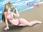  10s 1girl :o barefoot beach bikini blush breasts brown_hair character_name copyright_name eyelashes feet green_eyes hair_bobbles hair_ornament half_updo hand_on_head hand_on_own_head long_hair looking_at_viewer lying minamino_kanade ocean pink_bikini ponytail ruriruri sand small_breasts solo suite_precure swimsuit water 