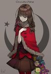  absurdres bangs bow brown_eyes brown_hair capelet crescent fur_trim hairband head_tilt highres hwayoung kurenaino_aria long_hair looking_at_viewer occultic;nine pantyhose red_legwear solo stuffed_toy 