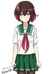  2017 adapted_costume alternate_costume brown_hair celestea_tera crescent crescent_moon_pin dated gradient_hair green_sailor_collar green_skirt highres kantai_collection multicolored_hair mutsuki_(kantai_collection) neckerchief pantyhose pleated_skirt red_hair red_neckwear remodel_(kantai_collection) sailor_collar school_uniform serafuku short_hair simple_background skirt smile solo standing twitter_username white_background 