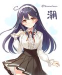  alternate_costume black_hair black_skirt character_name hair_between_eyes hairband huyukaaki kantai_collection long_hair long_sleeves pleated_skirt red_ribbon ribbon shirt skirt smile solo twitter_username ushio_(kantai_collection) white_hairband white_shirt yellow_eyes 