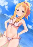  ass_visible_through_thighs ayumu_(ayumu3659) bad_id bad_pixiv_id beach bikini blonde_hair blush bow breasts brown_eyes contrapposto cowboy_shot day drill_hair dutch_angle eromanga_sensei front-tie_bikini front-tie_top hair_bow hands_on_hips long_hair looking_at_viewer medium_breasts ocean outdoors pink_bow pointy_ears ponytail red_bow ringlets side-tie_bikini smile solo standing striped striped_bikini swimsuit underboob water yamada_elf 