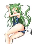 admiral_(kantai_collection) alternate_costume animal_ears armpits ass assisted_exposure azumaya_(miyui001) bare_arms bare_shoulders cameltoe cat_ears crescent crescent_hair_ornament embarrassed fang gloves green_eyes green_hair hair_ornament highres kantai_collection kneepits legs long_hair looking_back lying nagatsuki_(kantai_collection) name_tag on_side one-piece_swimsuit open_mouth pulled_by_another school_swimsuit simple_background solo_focus swimsuit swimsuit_lift tail wavy_mouth white_background 