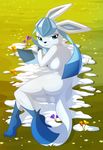  2017 anthro anthrofied breasts butt eeveelution eyelashes female flower glaceon grass hi_res looking_at_viewer nintendo plant pok&eacute;mon pok&eacute;morph smile solo video_games whitmaverick 