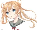  abukuma_(kantai_collection) artist_name blonde_hair blue_eyes collar commentary_request double_bun hair_rings kantai_collection long_hair looking_at_viewer nuno_(pppompon) portrait red_ribbon ribbon solo 