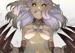  black_sclera breasts claw_(weapon) clenched_teeth fate/grand_order fate_(series) glowing glowing_eyes kibadori_rue medium_breasts penthesilea_(fate/grand_order) teeth underboob weapon white_hair yellow_eyes 