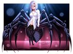  ;) absurdres arachne artist_name belt black_skirt blacksaikou blush breasts carapace cleavage collarbone dress_shirt extra_eyes eyes_visible_through_hair full_body hair_between_eyes heart highres insect_girl large_breasts lips looking_at_viewer medium_hair mole mole_under_mouth monster_girl monster_musume_no_iru_nichijou one_eye_closed partially_unbuttoned rachnera_arachnera red_eyes shirt silver_hair skirt smile solo spider_girl white_shirt 
