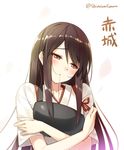  akagi_(kantai_collection) brown_eyes brown_hair character_name collarbone hair_in_mouth head_tilt huyukaaki japanese_clothes kantai_collection long_hair mouth_hold muneate short_sleeves solo tasuki twitter_username white_background 