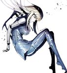  blame! blue_eyes bodysuit breasts cibo commentary_request cyberpunk cyborg doll_joints floating large_breasts long_hair looking_at_viewer nabenko pale_skin science_fiction simple_background solo twitter_username white_background 