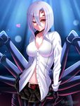  ;) arachne artist_name belt black_skirt blacksaikou blush breasts carapace cleavage collarbone commentary dress_shirt extra_eyes eyes_visible_through_hair hair_between_eyes heart highres insect_girl large_breasts lips looking_at_viewer medium_hair mole mole_under_mouth monster_girl monster_musume_no_iru_nichijou one_eye_closed partially_unbuttoned rachnera_arachnera red_eyes shirt silver_hair skirt smile solo spider_girl white_shirt 