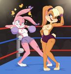  2fur anthro babs_bunny blonde_hair boxing boxing_gloves breasts butt clothed clothing dizzy female female/female fur gloves hair hi_res lagomorph lola_bunny looney_tunes mammal merunyaa nipples open_mouth pink_fur public smile sport tiny_toon_adventures topless warner_brothers 