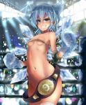  &gt;:) belt blizzomos blue_eyes blue_hair bow boxing_gloves boxing_ring breasts championship_belt cirno cowboy_shot elbow_pads elbow_sleeve eyeshadow grin groin hair_between_eyes hair_bow highres ice ice_wings looking_at_viewer makeup naked_belt navel nude rope short_hair small_breasts smile solo spotlight stage_lights teeth touhou v-shaped_eyebrows wings 