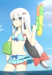  ball beachball bikini blue_bow blue_eyes bow day eromanga_sensei highres izumi_sagiri long_hair looking_at_viewer low-tied_long_hair pink_bow polka_dot polka_dot_bikini putchers silver_hair sky smile solo stuffed_animal stuffed_octopus stuffed_toy swimsuit trigger_discipline very_long_hair wading water water_gun 