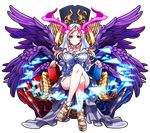  angel_wings bare_shoulders blonde_hair blue_flower blue_rose breasts cleavage closed_mouth commentary_request crossed_legs dress flower frown full_body high_heels highres large_breasts looking_at_viewer lucifer_(monster_strike) monster_strike multiple_wings off-shoulder_dress off_shoulder purple_eyes purple_wings red_flower red_rose rose seraph sitting solo throne transparent_background v-mag veil white_dress wings 