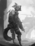  2017 anthro armor backpack body_armor canine clothed clothing cybernetics cyborg greyscale gun holding_object holding_weapon machine male mammal monochrome outside panzery25 ranged_weapon rifle signature solo standing weapon wolf 