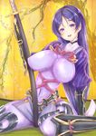  arm_support armor bangs black_gloves blush bodysuit breasts cherry_blossoms colored_eyelashes commentary_request covered_navel covered_nipples fate/grand_order fate_(series) fingerless_gloves floral_background gloves highres huge_breasts lips long_hair looking_at_viewer minamoto_no_raikou_(fate/grand_order) parted_bangs purple_eyes purple_hair sheath sheathed sitting sliding_doors solo very_long_hair wariza yotunoha 