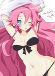  ;o armpits arms_up bikini black_bikini blue_eyes blush breasts bright_pupils disgaea hair_intakes iwasi-r long_hair looking_at_viewer makai_senki_disgaea_4 medium_breasts navel one_eye_closed pink_hair shiny shiny_skin shirt sidelocks solo star swimsuit undressing upper_body vulcanus_(disgaea_4) white_background white_shirt 