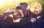  ahoge armor armored_dress black_gloves black_legwear blonde_hair braid breasts commentary dress fate/apocrypha fate/grand_order fate_(series) gloves grass headgear jeanne_d'arc_(fate) jeanne_d'arc_(fate)_(all) kibanda_gohan long_hair looking_at_viewer lying medium_breasts on_grass on_side parted_lips purple_dress short_dress single_braid solo thighhighs very_long_hair yellow_eyes 