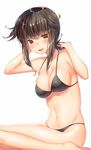  alternate_breast_size bad_anatomy bangs bikini black_bikini blush breasts brown_hair collarbone covered_nipples eyebrows_visible_through_hair hair_flaps hand_behind_head hatsuzuki_(kantai_collection) highres kantai_collection kneeling large_breasts looking_at_viewer navel ntk_(7t5) open_mouth red_eyes short_hair simple_background skindentation solo strap_pull swimsuit upper_body white_background 