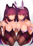  2girls animal_ears bare_shoulders blush bottle breast_press breasts bunny_ears bunny_girl bunnysuit cleavage collarbone commentary_request detached_collar fake_animal_ears fate/grand_order fate_(series) fishnet_pantyhose fishnets high_heels kneeling large_breasts leotard long_hair multiple_girls pantyhose purple_hair red_eyes saisarisu scathach_(fate)_(all) scathach_(fate/grand_order) scathach_skadi_(fate/grand_order) smile strapless strapless_leotard symmetrical_docking thigh_strap white_background wine_bottle wrist_cuffs 