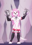  2018 absurd_res age_difference anthro armwear balls bow cage canine chastity chastity_cage clothing cub cum cum_on_body cum_on_face cum_on_tummy elbow_gloves fox gloves hi_res hybrid legwear mammal mustelid otter pyravia simple_background size_difference snofu submissive_male thigh_highs young 