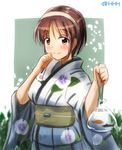  alternate_costume bag bagged_fish brown_eyes brown_hair fish floral_print h_(hhhhhh4649) hairband japanese_clothes kantai_collection kimono long_sleeves natori_(kantai_collection) obi sash short_hair smile solo yukata 