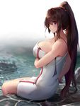  arm_support breasts brown_hair cherry_blossoms cleavage collarbone from_side hair_intakes kantai_collection large_breasts long_hair looking_at_viewer naked_towel ponytail poolside red_eyes sitting smile solo takeichi_yui tiled towel upper_body white_towel yamato_(kantai_collection) 