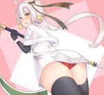  ahoge ass bell black_gloves black_legwear blush bow eyebrows_visible_through_hair fate/grand_order fate_(series) gloves green_bow green_ribbon headpiece highres jeanne_d'arc_(fate)_(all) jeanne_d'arc_alter_santa_lily long_hair looking_at_viewer open_mouth panties platinum_blonde_hair red_panties reinama ribbon thighhighs underwear white_hair yellow_eyes 