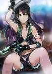  absurdres bandages bare_shoulders black_hair breasts cleavage cutoffs gloves green_eyes gun highres long_hair looking_at_viewer midriff multicolored_hair okuto original shorts sitting small_breasts solo weapon 