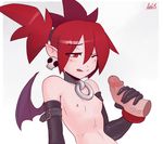  2016 5_fingers arbuzbudesh armwear breasts buckle clothing collar demon disembodied_penis disgaea duo ear_piercing elbow_gloves etna female fingers flat_chested gloves hair handjob humanoid humanoid_penis licking licking_lips male male/female membranous_wings mostly_nude nipples not_furry one_eye_closed penis piercing pointy_ears red_eyes red_hair sex simple_background skull tongue tongue_out vein video_games wings 