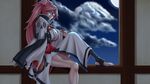 absurdres amputee baiken breasts choko_(cup) cleavage cloud commentary_request cup eyepatch from_side full_moon guilty_gear guilty_gear_xrd highres japanese_clothes kimono large_breasts long_hair long_sleeves looking_at_viewer looking_to_the_side moon night obi one-eyed parted_lips pink_hair ponytail sash scar scar_across_eye sitting smile solo tama_(tamakaka1031) very_long_hair wide_sleeves yellow_eyes 