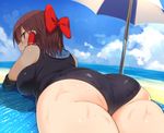  ass beach_towel beach_umbrella benjamin_button_suukina_jinsei blue_sky bow breasts brown_hair cloud cloudy_sky cookie_(touhou) day hair_bow hair_tubes hakurei_reimu large_breasts lying on_stomach one-piece_swimsuit outdoors plump red_bow red_eyes reu sand sky solo swimsuit thick_thighs thighs touhou towel umbrella water wet 