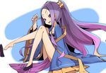  1girl barefoot blush fate/grand_order feet flats grin long_hair looking_at_viewer one_leg_raised purple_eyes purple_hair shoe_dangle sitting twintails wu_zetian_(fate/grand_order) 