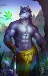  abs anthro armband biceps big_muscles blue_eyes blue_fur blue_nose canine claws clothed clothing collar dalluwn digital_media_(artwork) feathers flower forest fur heterochromia leaves loincloth male mammal melee_weapon multicolored_fur muscular muscular_male navel outside pecs plant red_eyes relaxing sky smile solo standing sword tattoo topless tree two_tone_fur weapon were werewolf white_fur wolf 